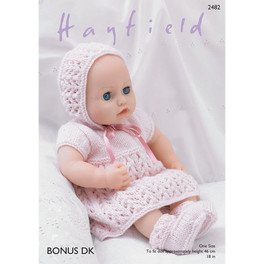Baby Doll's Dress, Bonnet, Bootees and Pants in Hayfield Bonus Dk
