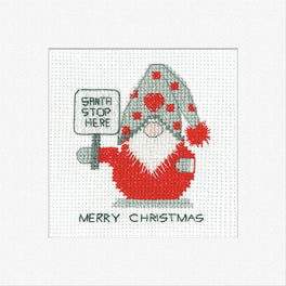 Gonk Santa Stop Here Greetings Card - Heritage Crafts Cross Stitch Kit