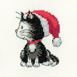 Heritage Crafts Cross Stitch Kit - Black and White Christmas Kitten