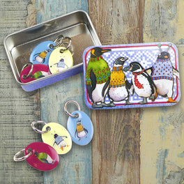 Emma Ball Stitch Markers in a Pocket Tin - Penguins in Pullovers